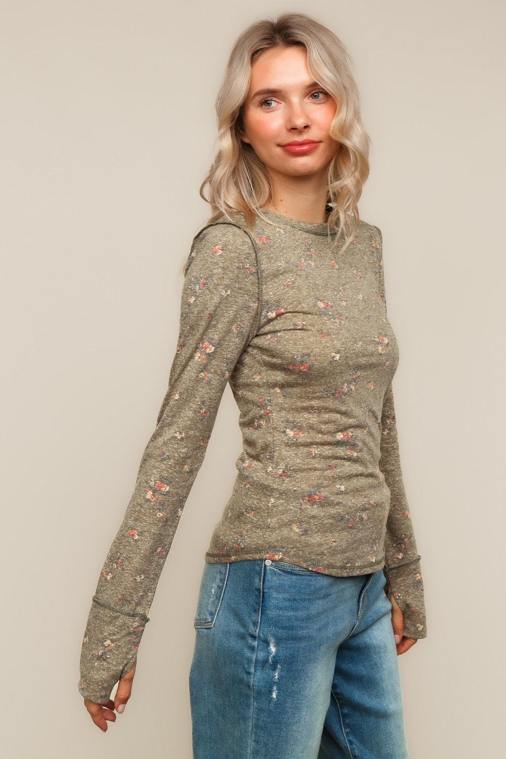 Haptics Olive Floral Knit Top with Thumb Holes