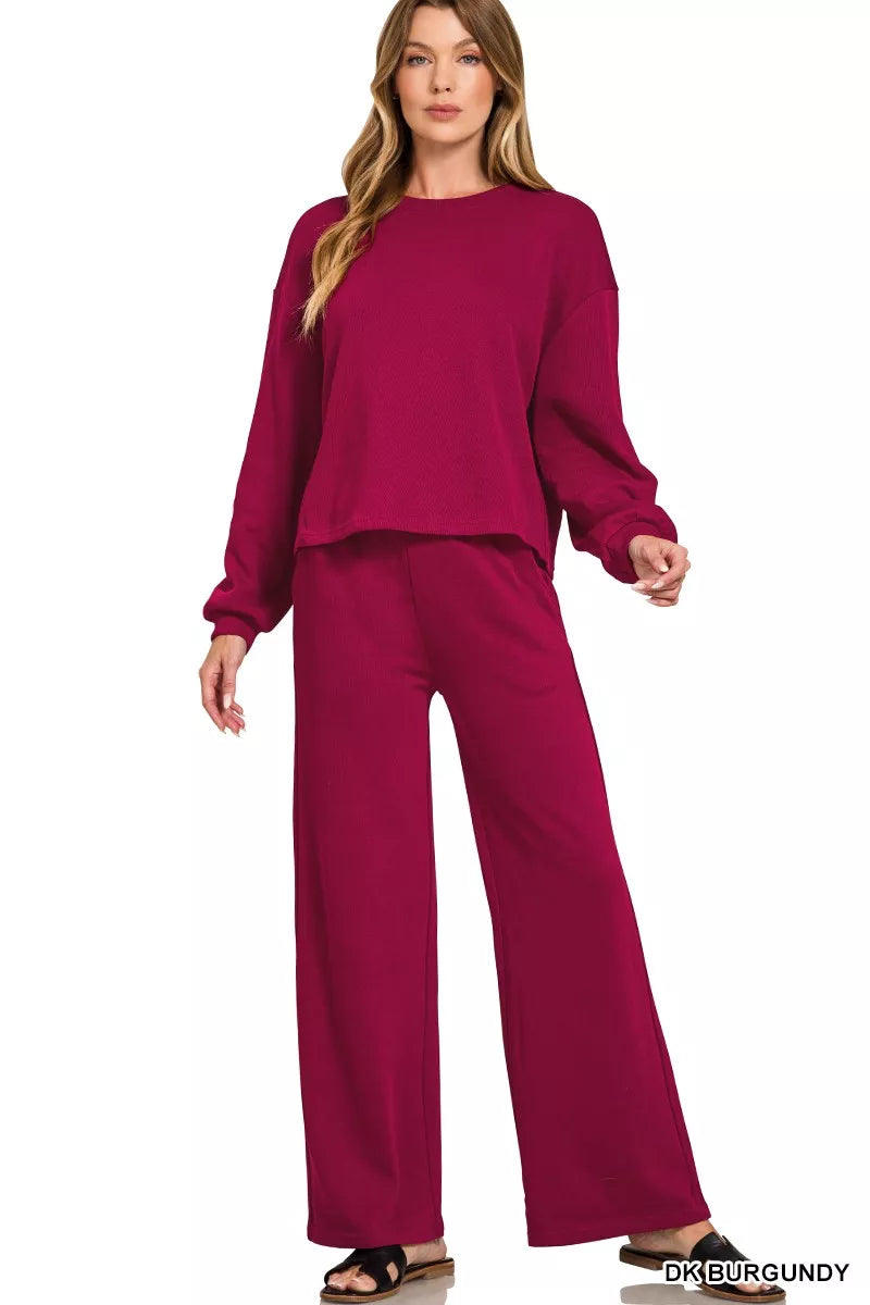 Zenana Dark Burgindy French Rib Pullover and Pants Set DK BURGUNDY