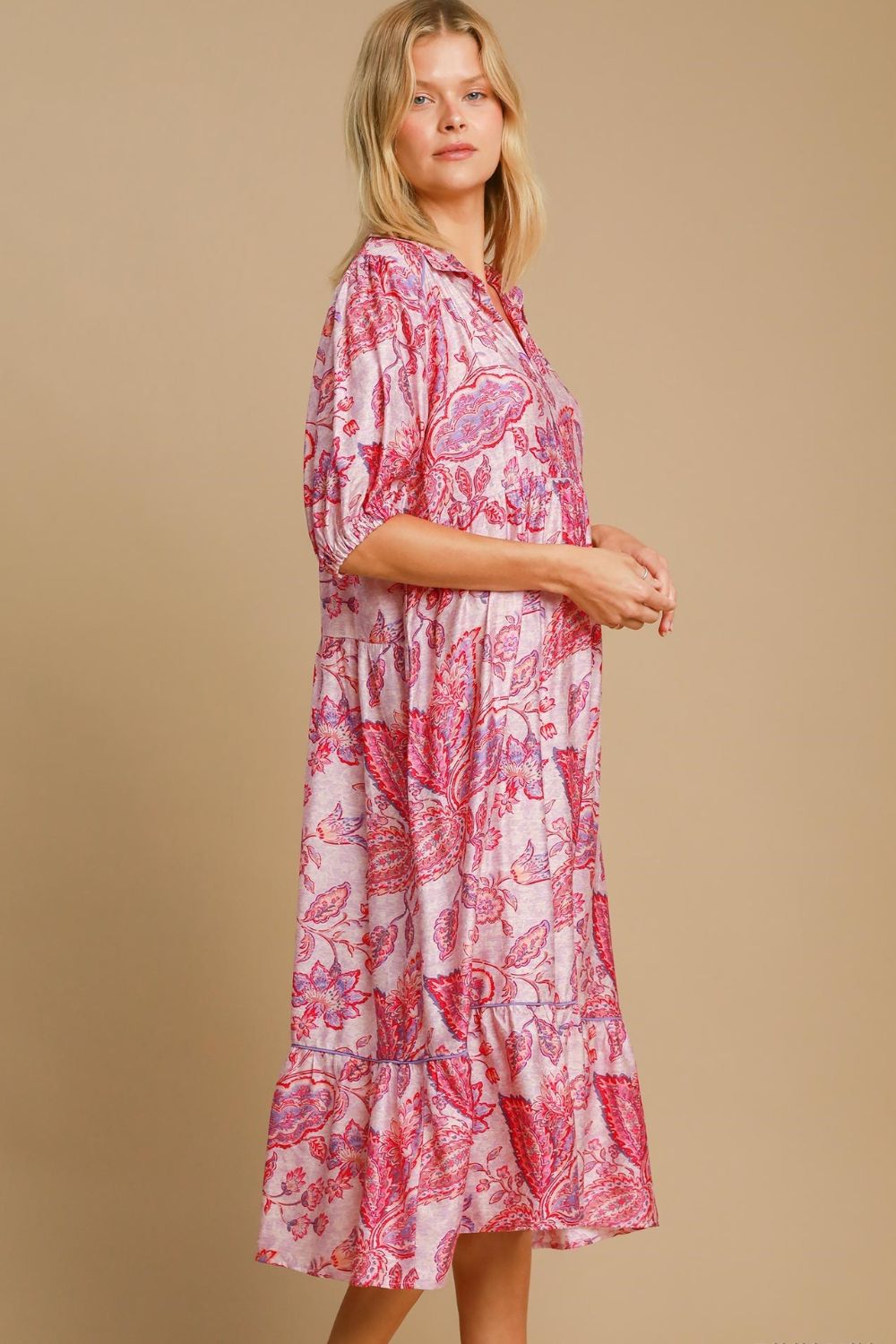 Umgee Pink Mix Ruffled Hem Floral Paisley Print Half Sleeve Midi Dress