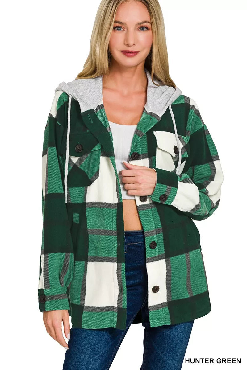 Zenana Hunter Green Plaid Drawstring Hooded Fleece Shacket