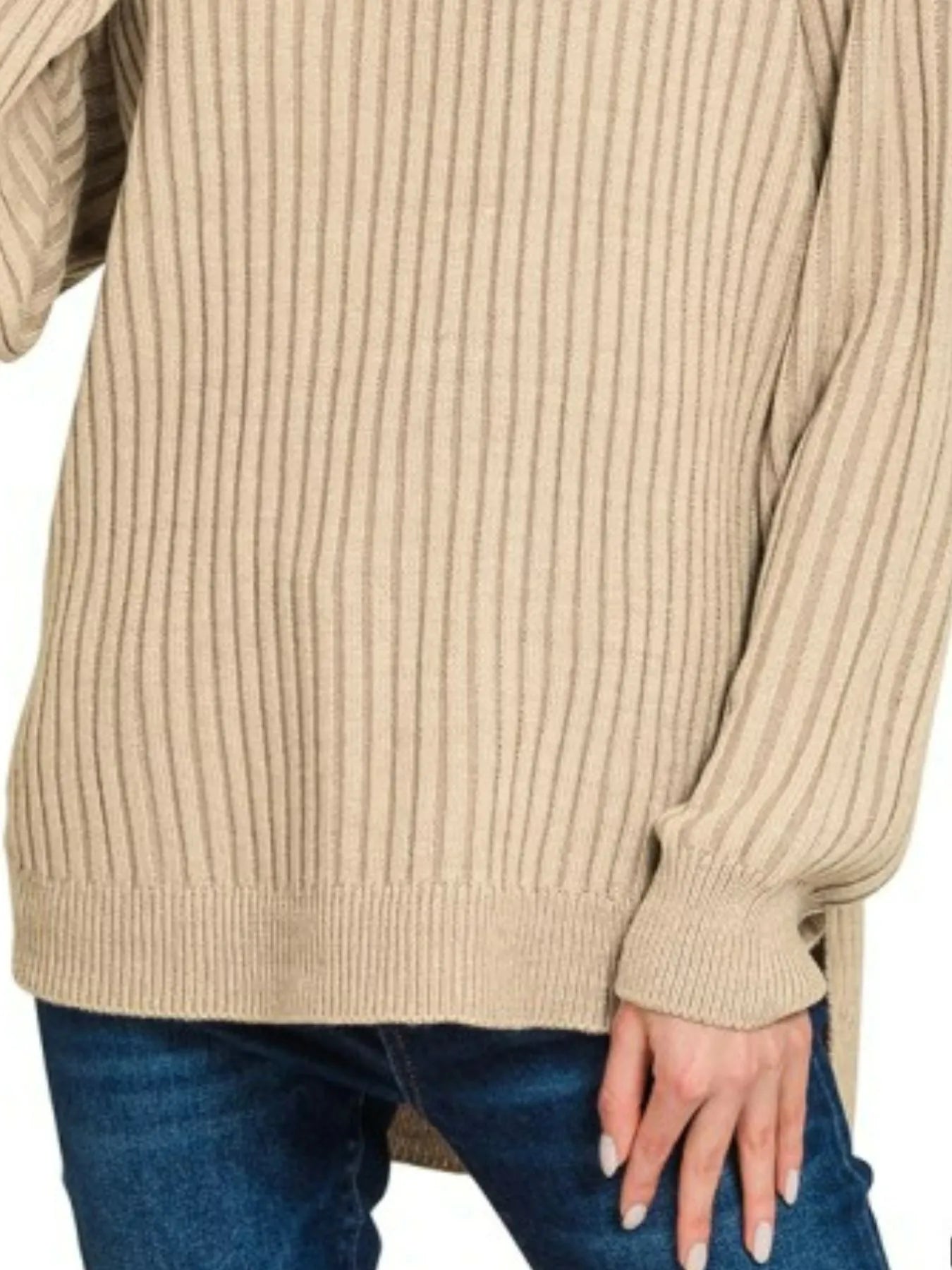 Zenana Light Mocha Curved Hem Two-Tone Ribbed Sweater