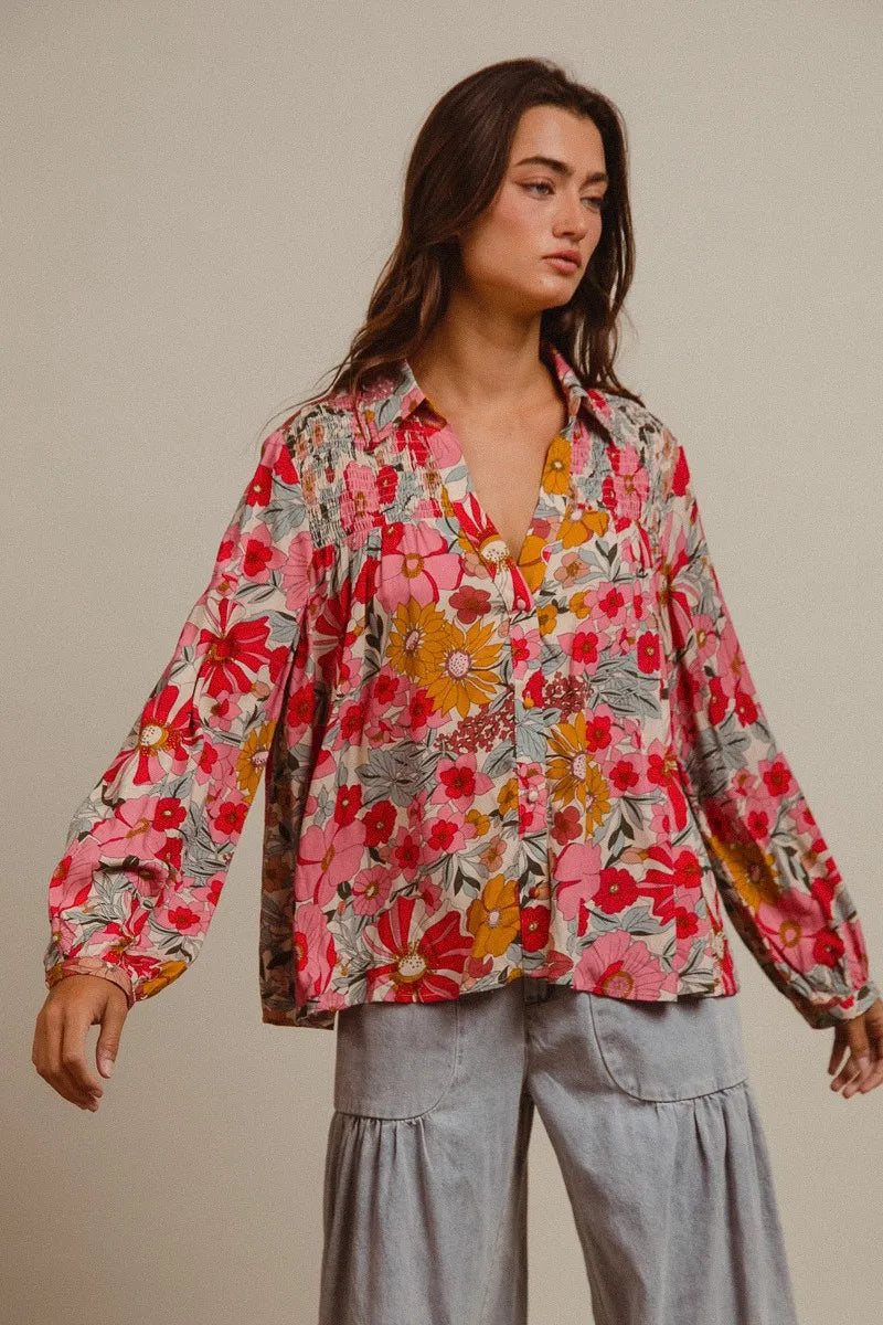 BiBi Woven Floral Printed Long Sleeve Blouse