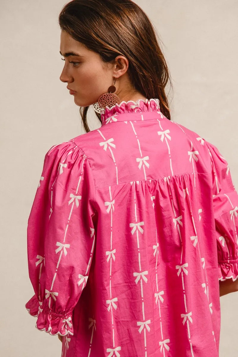 BiBi Fuchsia Ribbon Pattern With Scallops Edge Details Dress