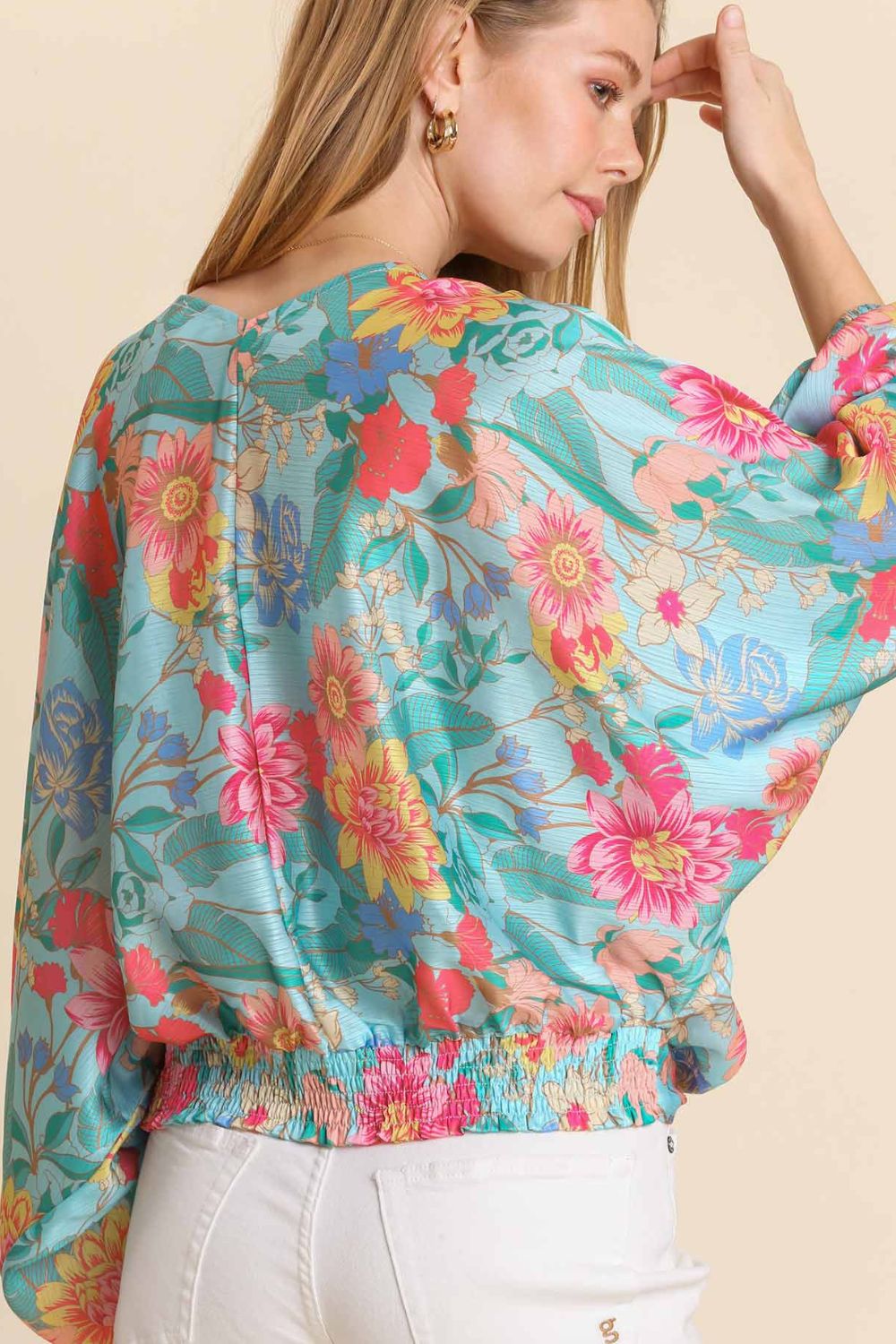 Umgee Turquoise Floral Print Smocked Back Hem V-Neck Blouse