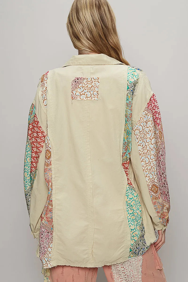 POL Beige Mixed Printed Button Up Long Sleeve Oversized Shirt