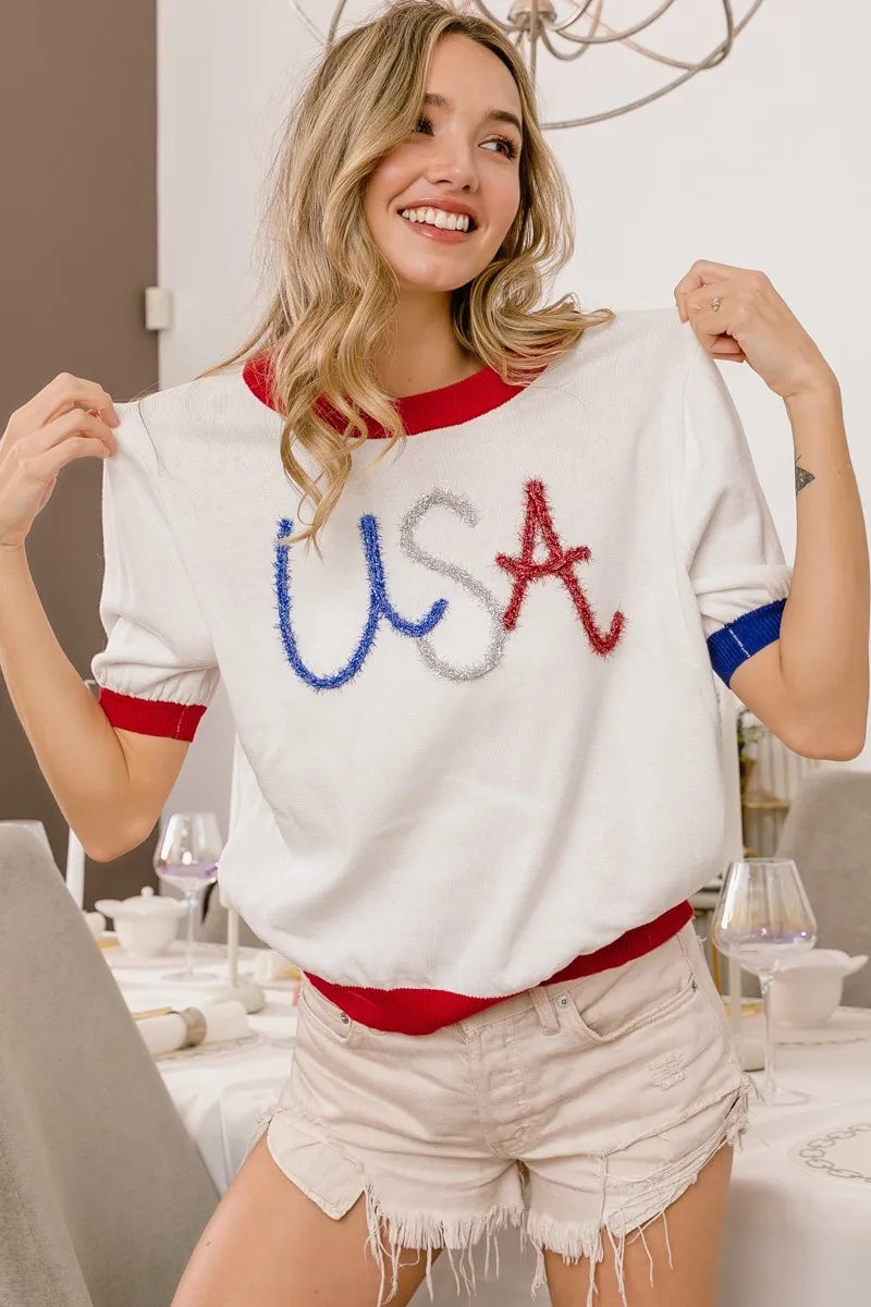 BiBi White USA Metallic Letter Color Block Light Weight Knit Top