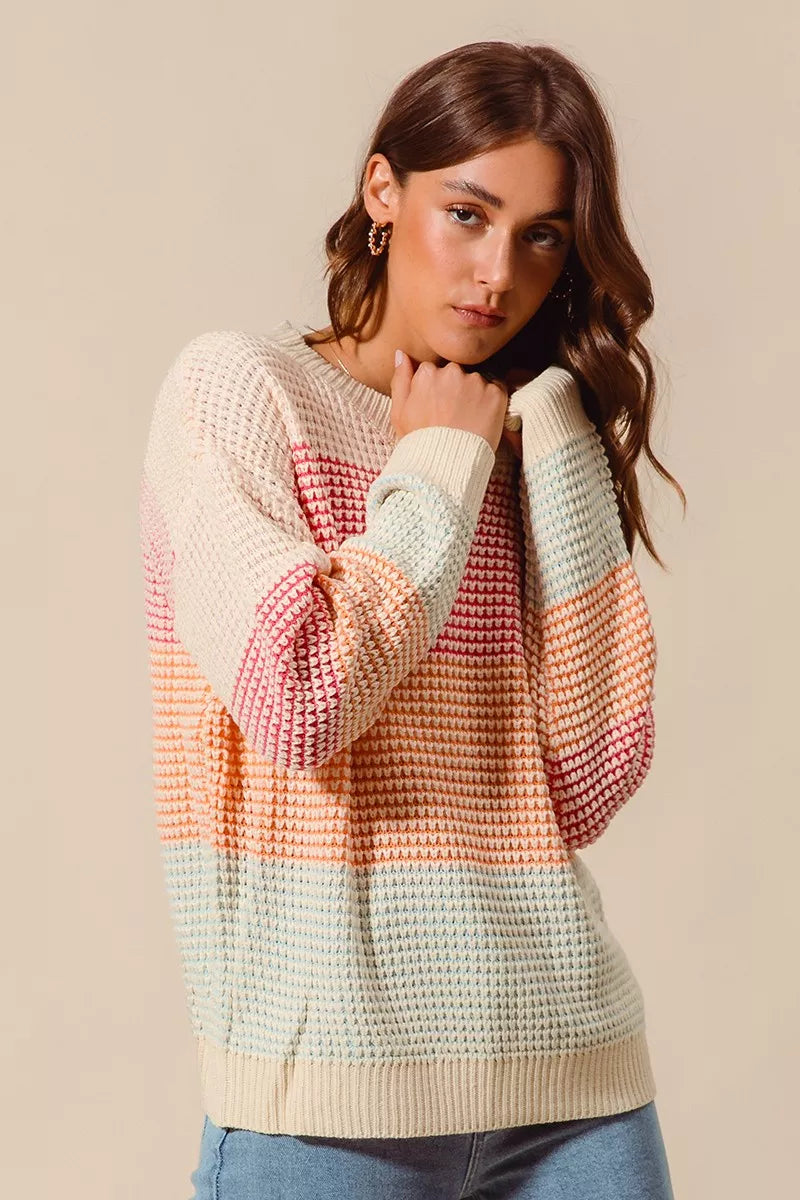 SO ME Oatmeal Combo Multi Color Block Long Sleeve Sweater