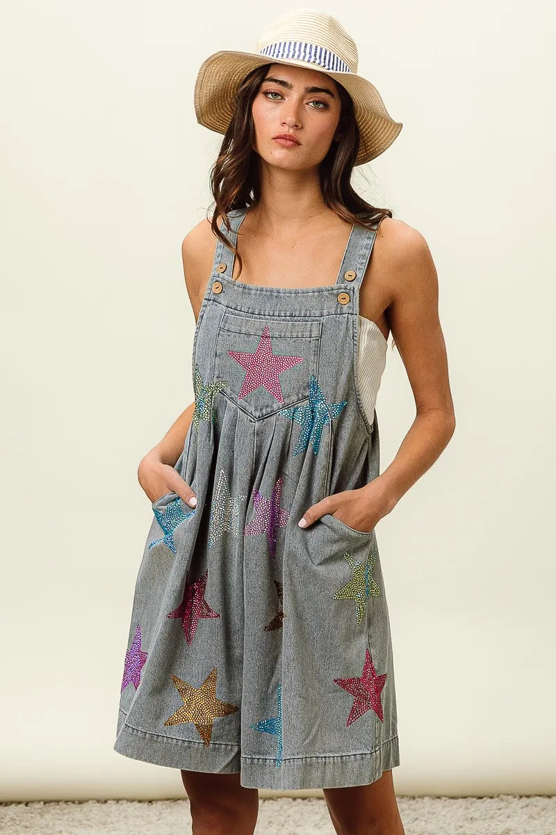 BiBi Star Rhinestone Washed Wide Leg Shortalls LT DENIM