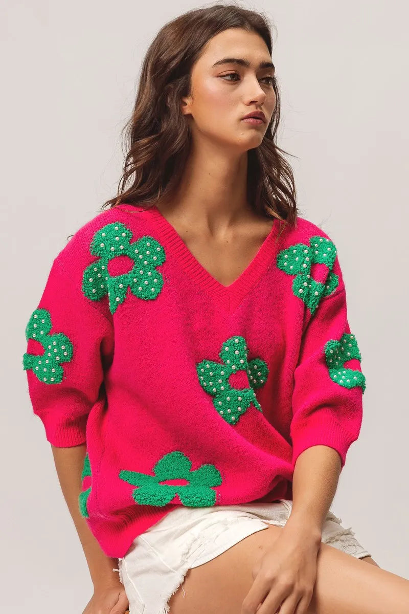 BiBi Fuchsia & Jade Pearl Beads Flowers Sweater Top