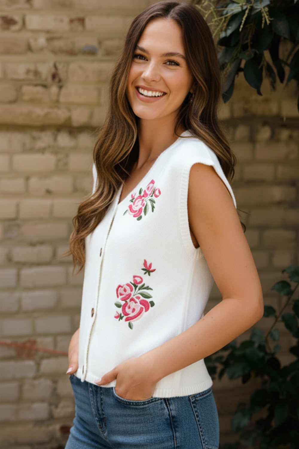 Haptics Button Down Floral Embroidery Sweater Vest