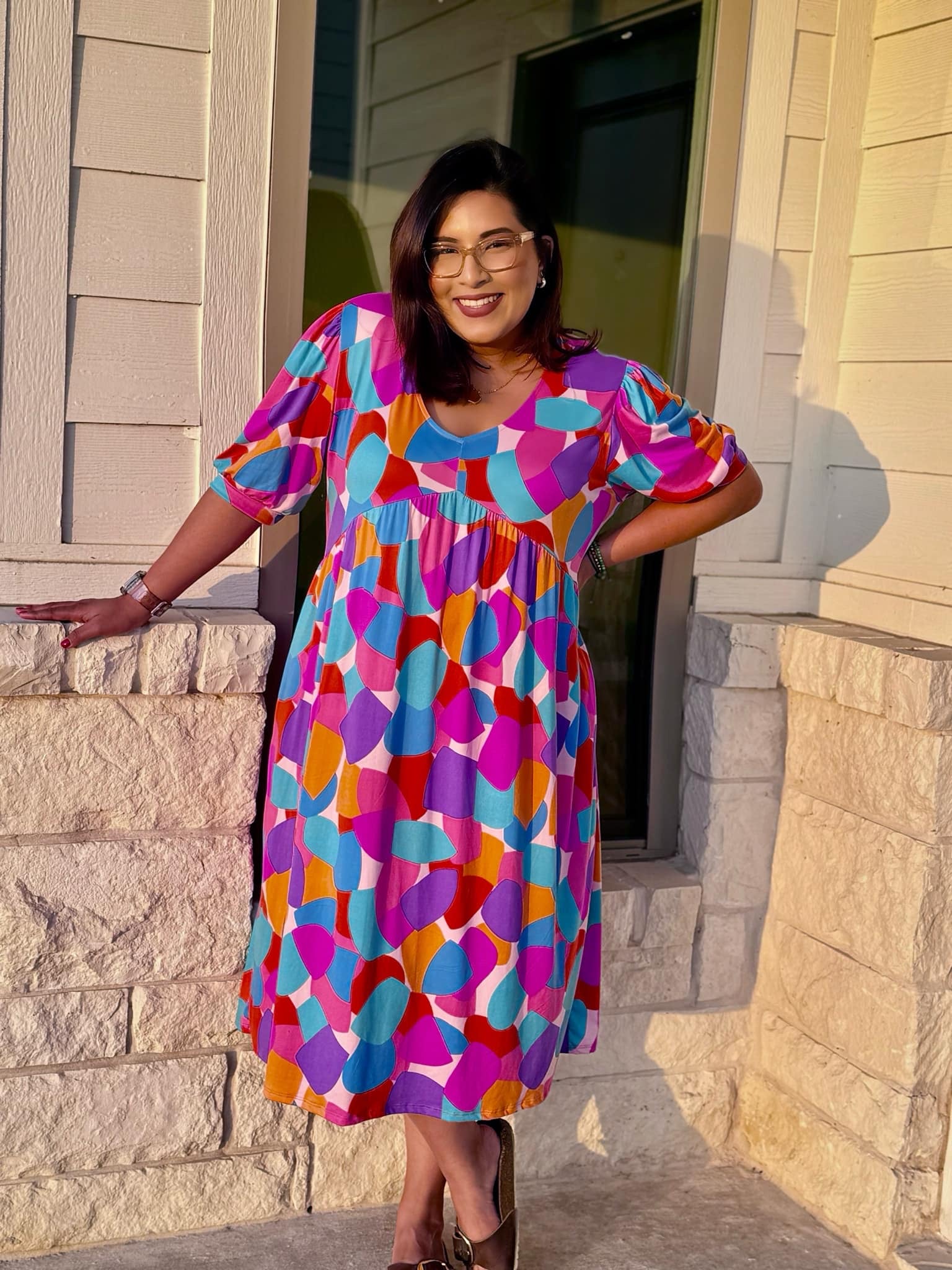 Haptics Geometric Multicolor Midi Dress With Pockets Dresses