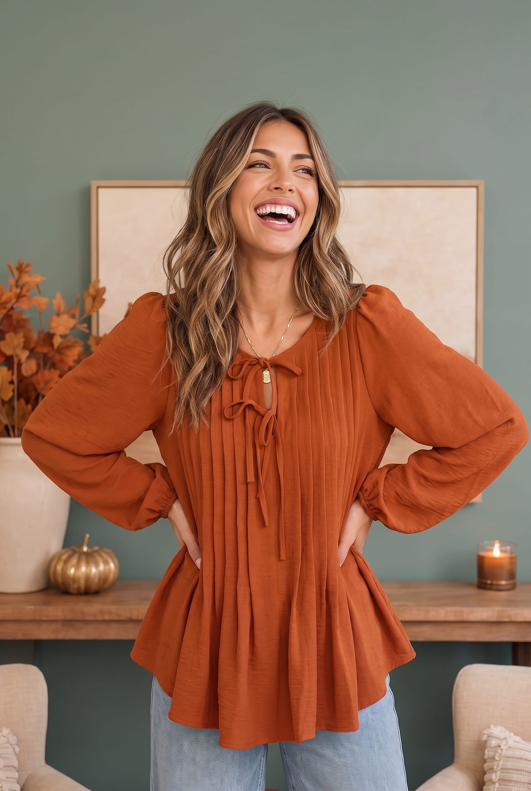 Haptics Sipping Apple Cider Tie Neck Blouse