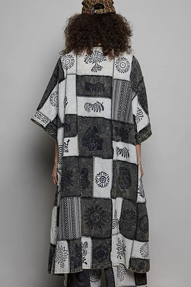 POL Black Multi Open Front Printed BohemianPatchwork Longline Cardigan