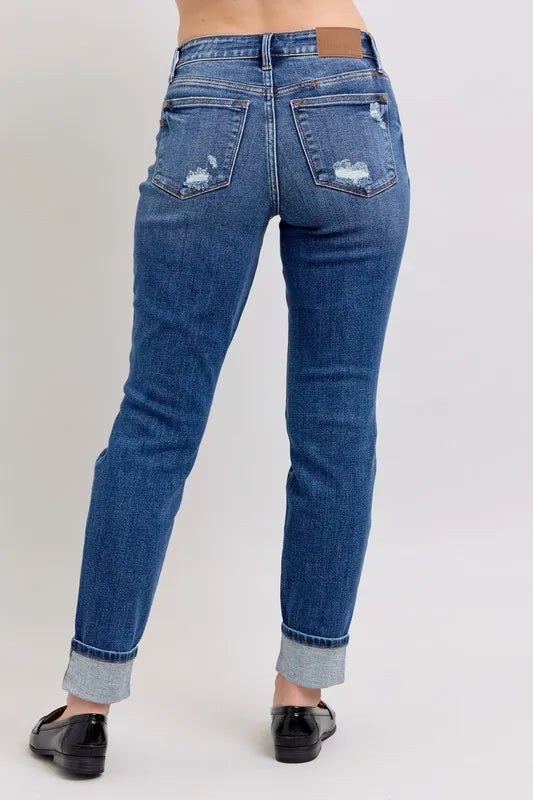 Judy Blue Dark Washed Midi Rise Boyfriend Destroyed Jeans with Yoke Pockets and Faux Selvedge Cuff