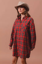 SO ME Christmas Checker Plaid Button Up Shirt Dress – Red Multi