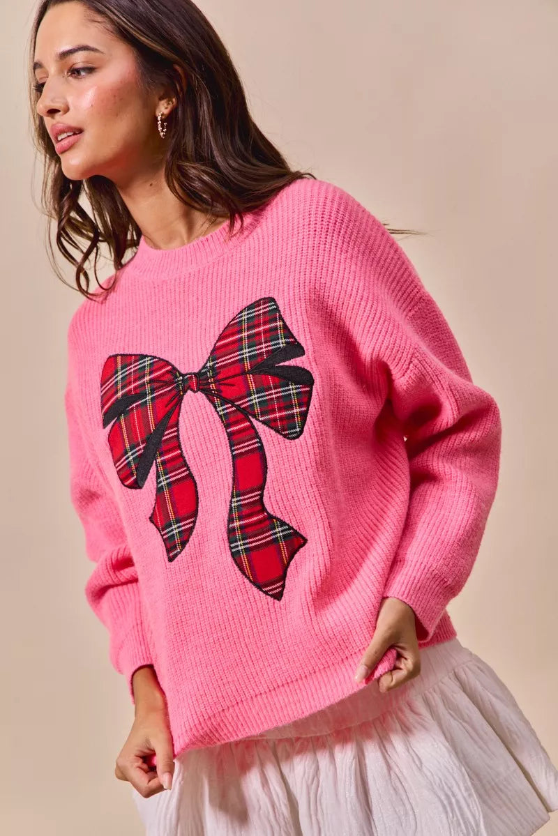 SO ME Pink Checker Plaid Ribbon Christmas Holiday Sweater