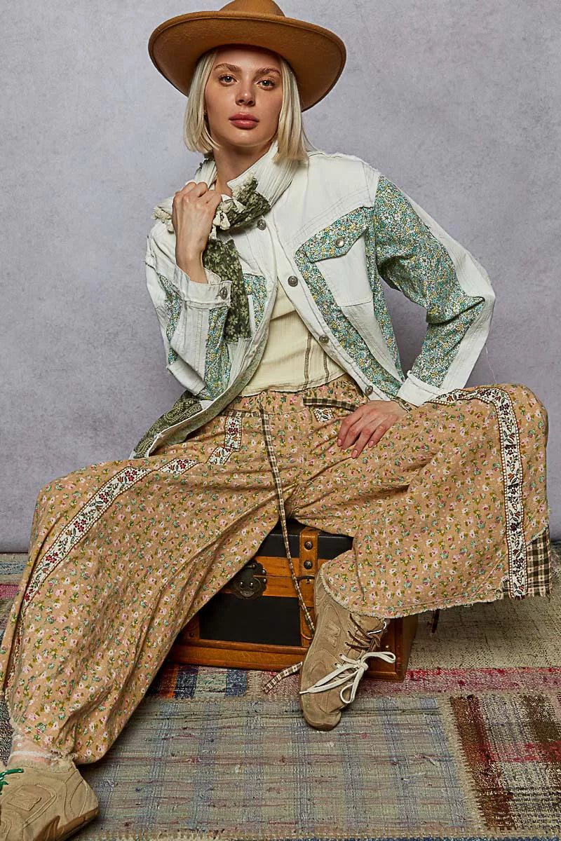 POL Off White Button Down Patchwork Denim Jacket with Floral Print Details