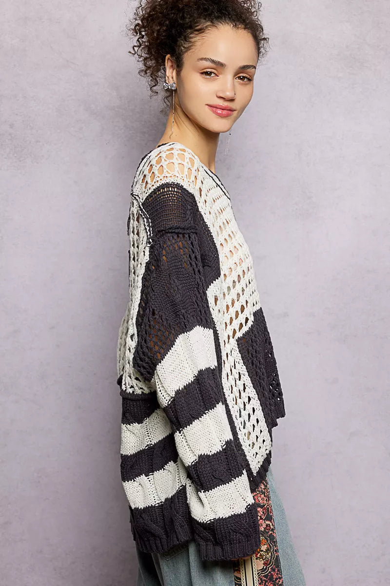POL Charcoal Color-Blocked Stripe Pattern Knit Top with Twisted Weave