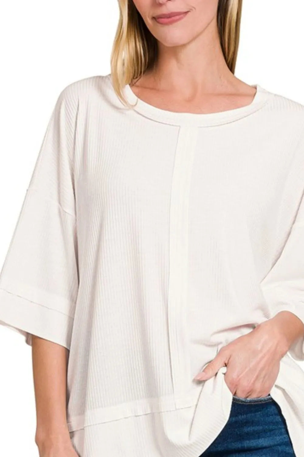 Zenana Off White Ribbed Boat Neck 3/4 Sleeve Top