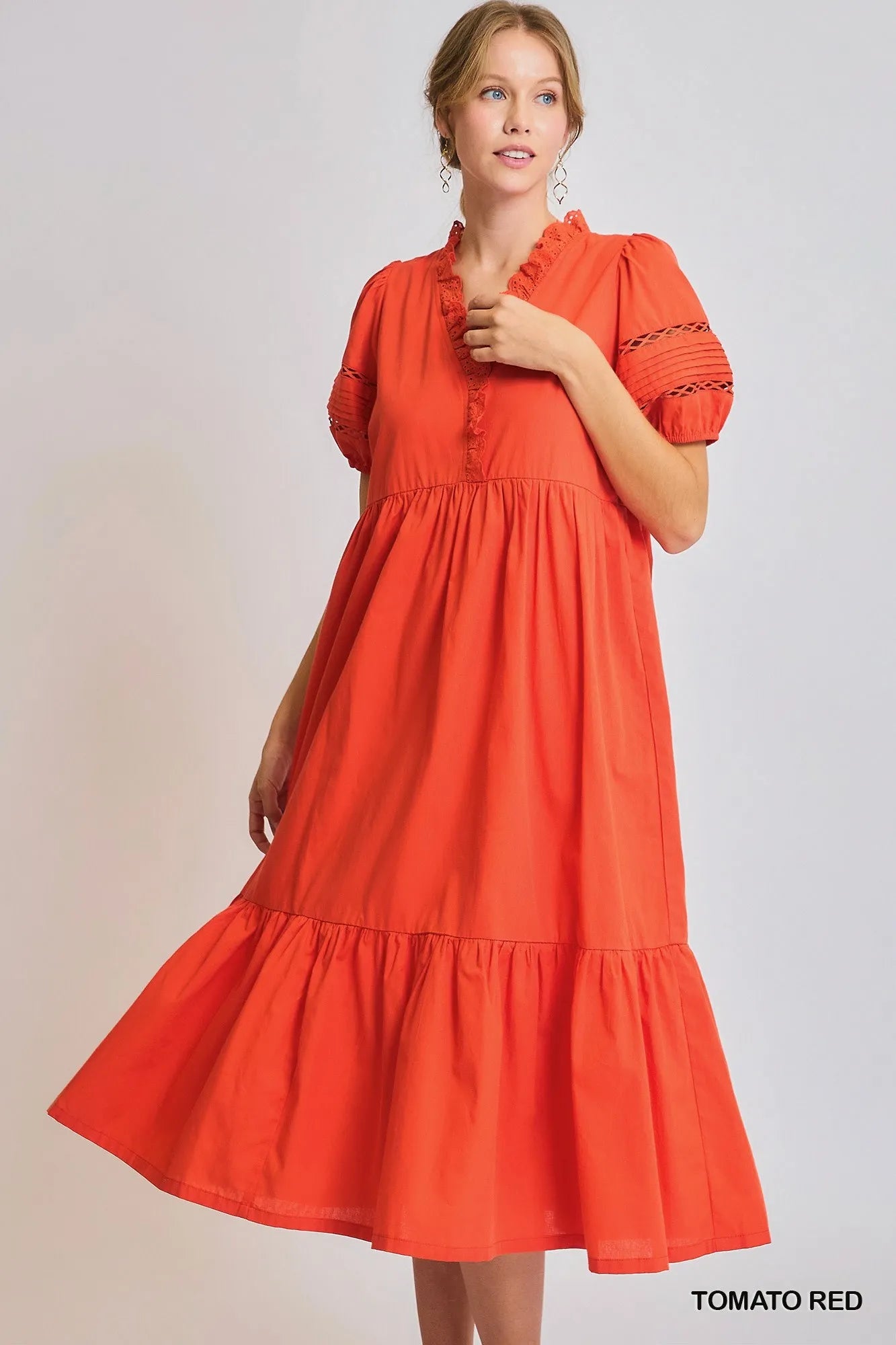 Umgee Tomato Red Short Sleeve Lace-Trim Ruffled Midi Dress TOMATO RED