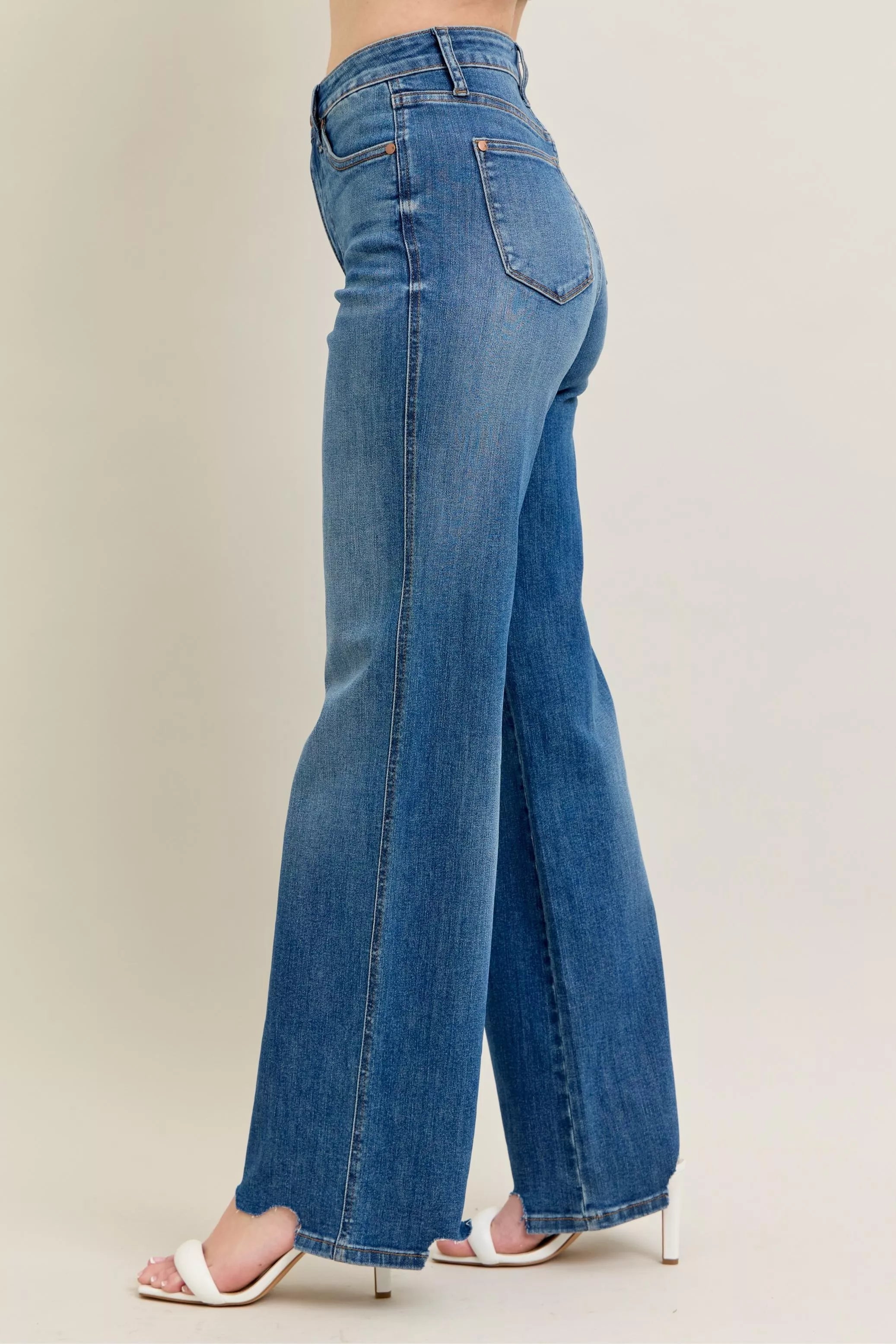 Judy Blue Medium Washed High Waist Tummy Control Chew Hem Destroyed Wide Jeans