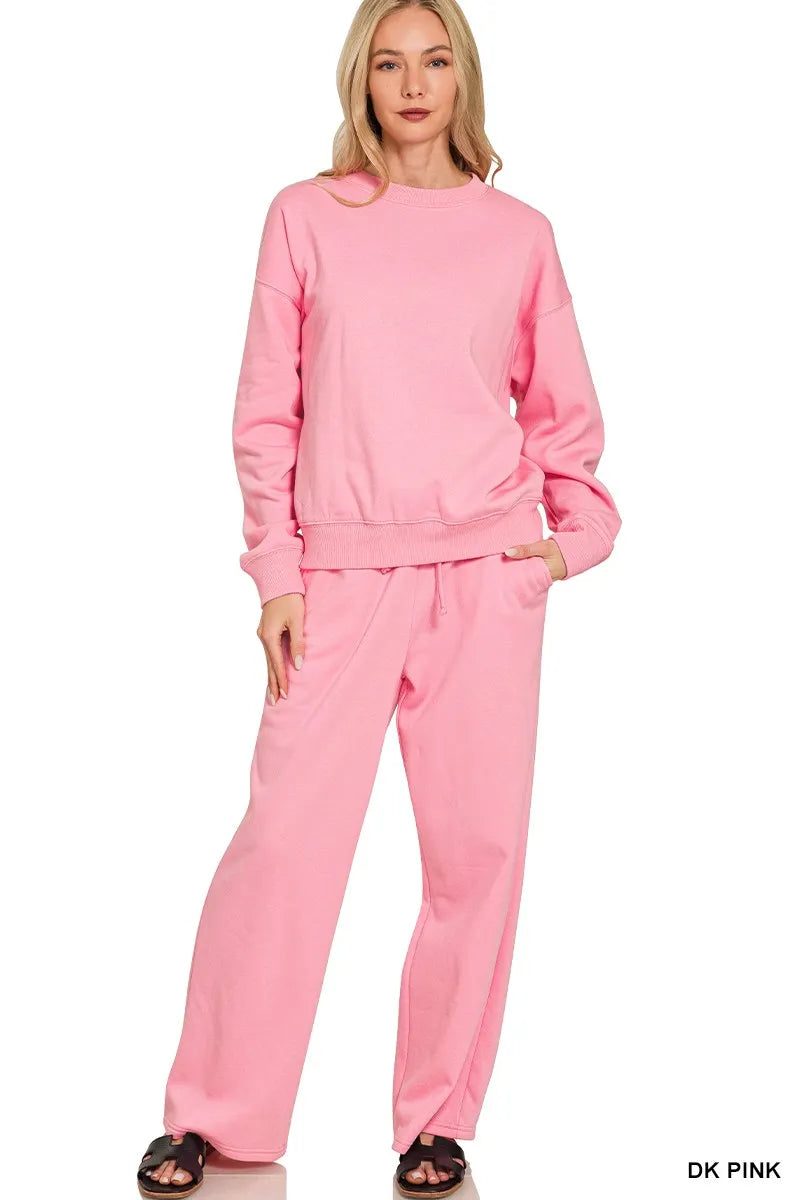 Zenana Dark Pink Fleece Long Sleeve Top and Sweatpants Set