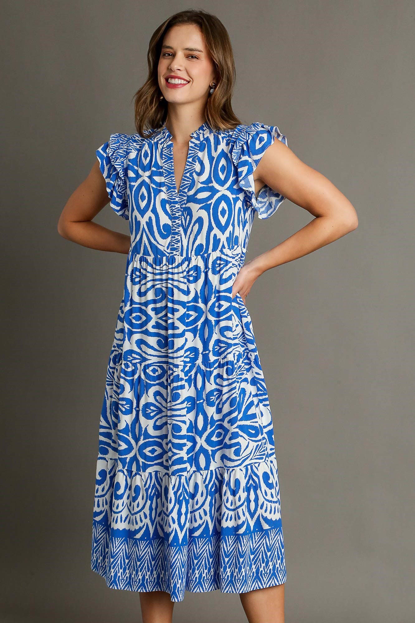 Umgee Blue Two Tone Border Print Ruffle Cap Sleeve Midi Dress Blue