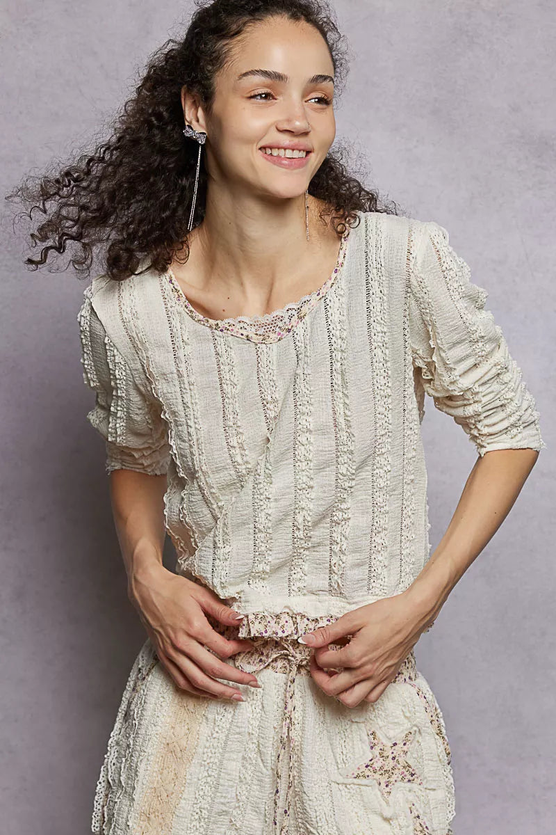 POL Cream Texture Long Sleeve Blouse with Floral Ruffled Details Cream