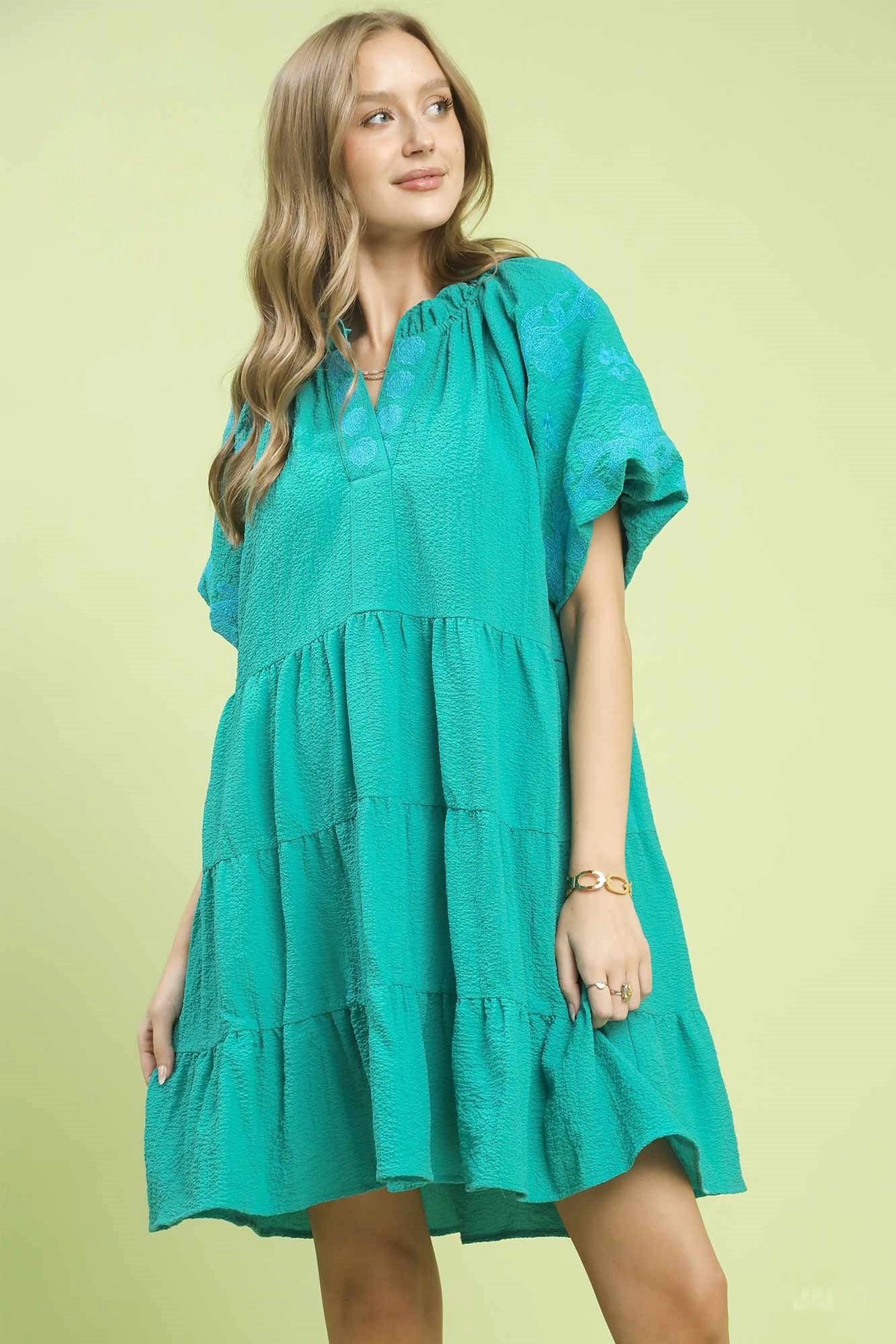 Umgee Embroidered Tiered Puff Sleeve Mini Dress JADE