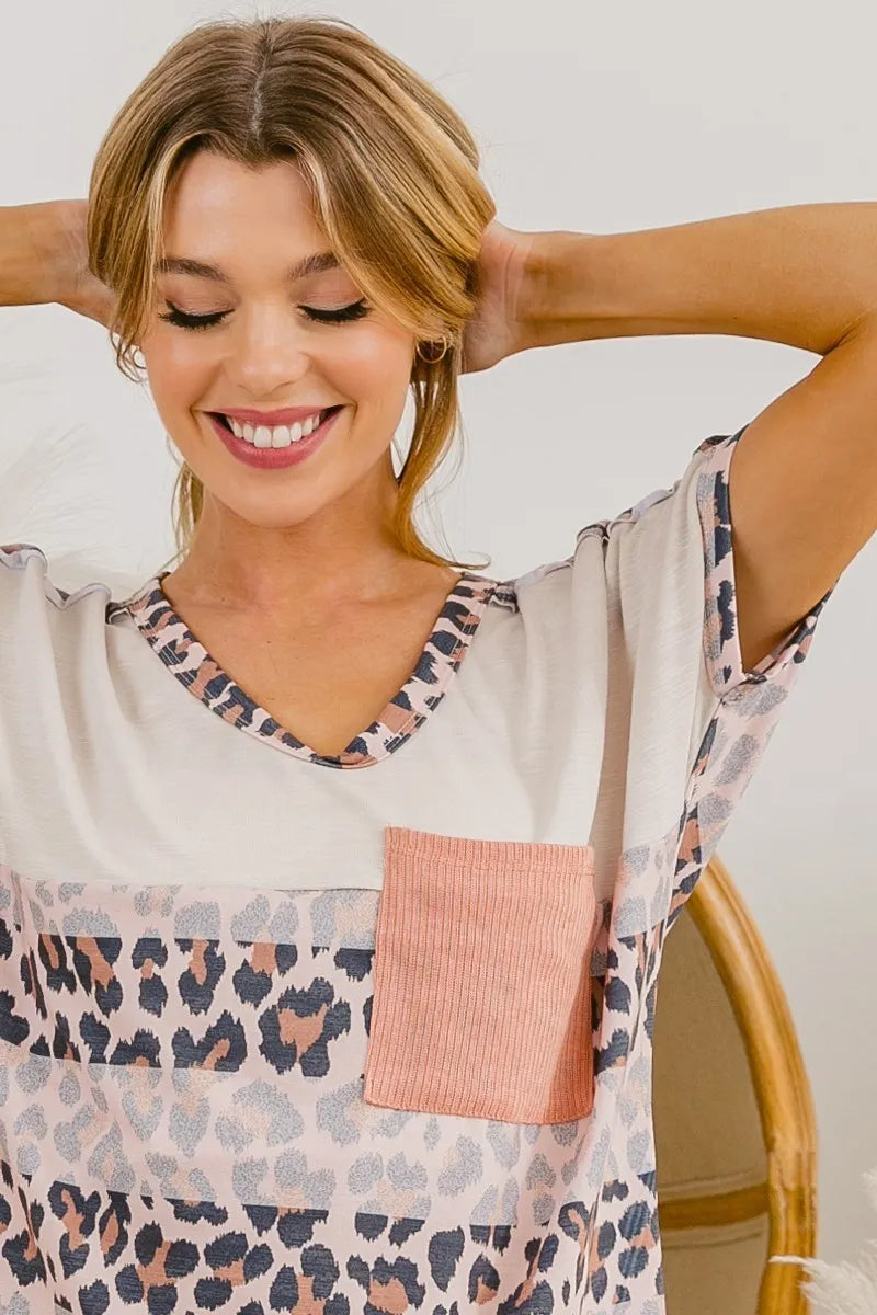 BiBi Ivory Leopard Stripe with Slub Terry Color Block T-Shirt