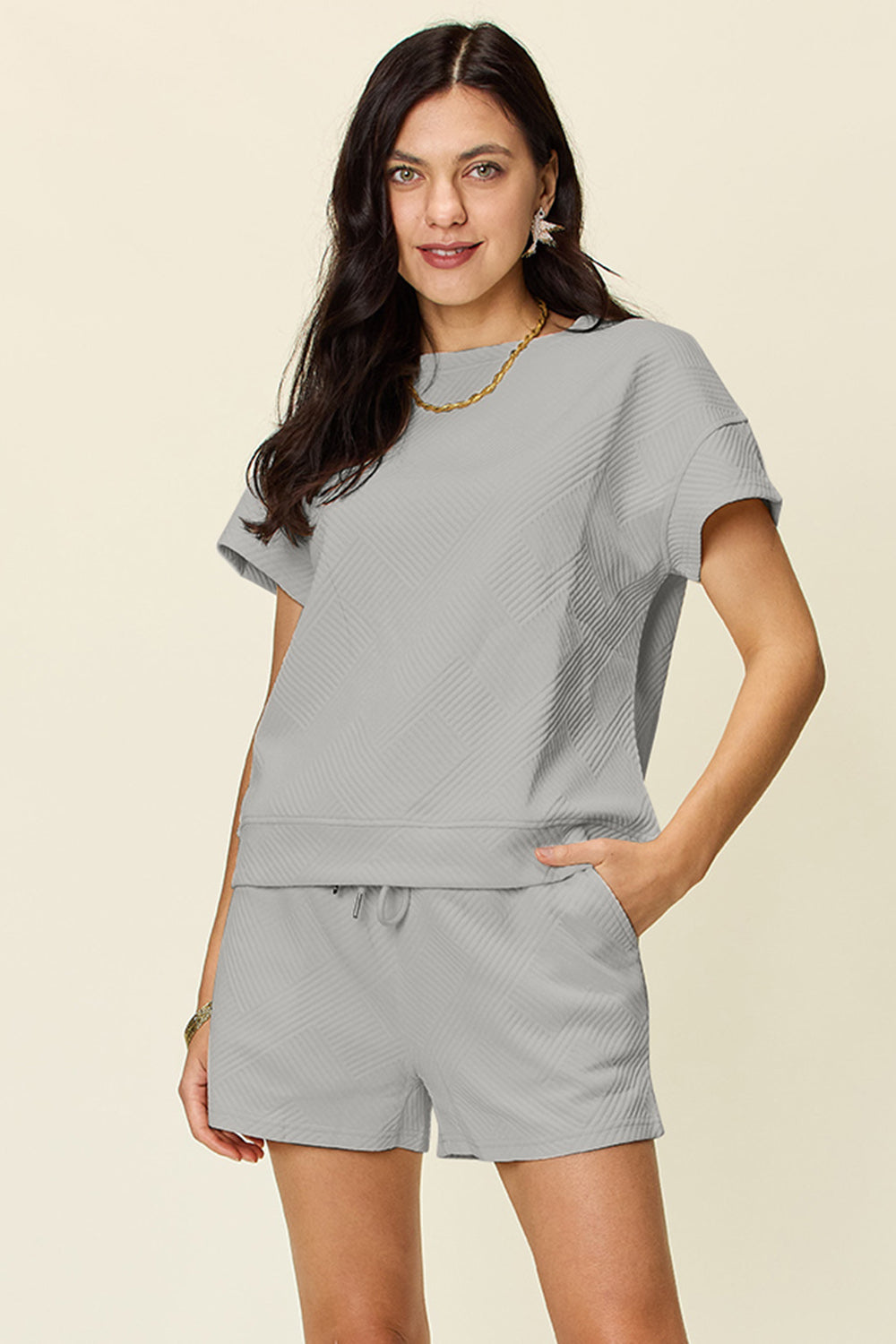 11 Colors- Double Take Quilted Textured Short Sleeve T-Shirt and Drawstring Shorts Set Light Gray Loungewear