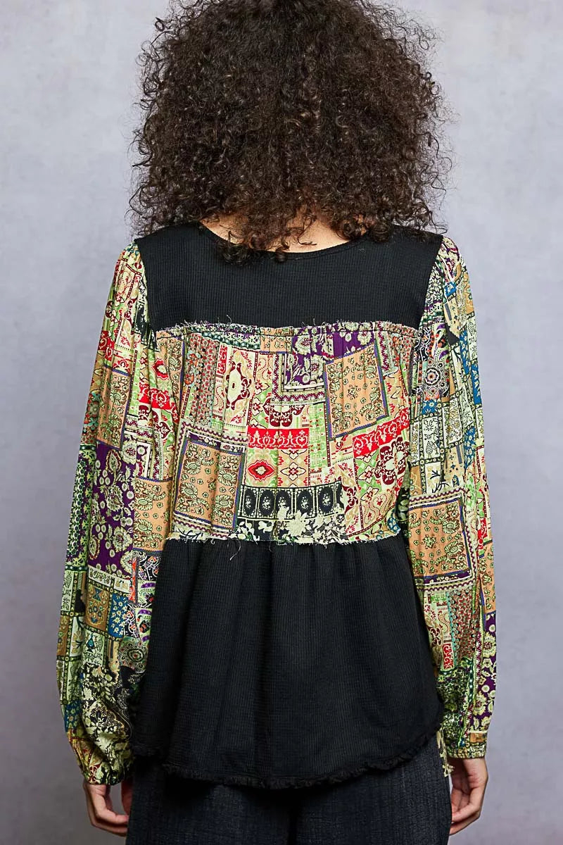 POL Black Balloon Sleeve Peplum Blouse with Trim Detail