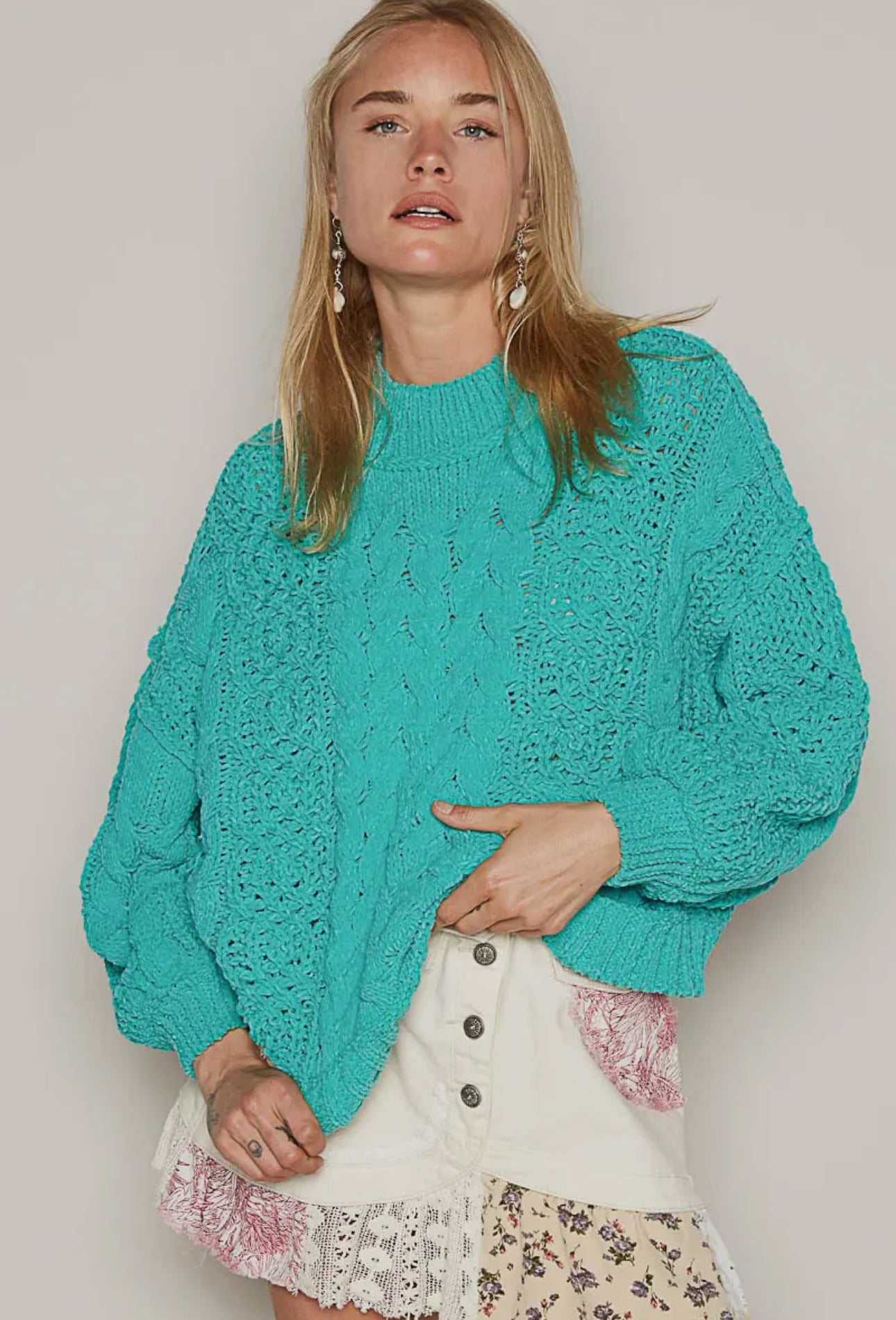 POL Jungle Green Mock Neck Chenille Cable Knit Balloon Sleeve Sweater Shirts & Tops