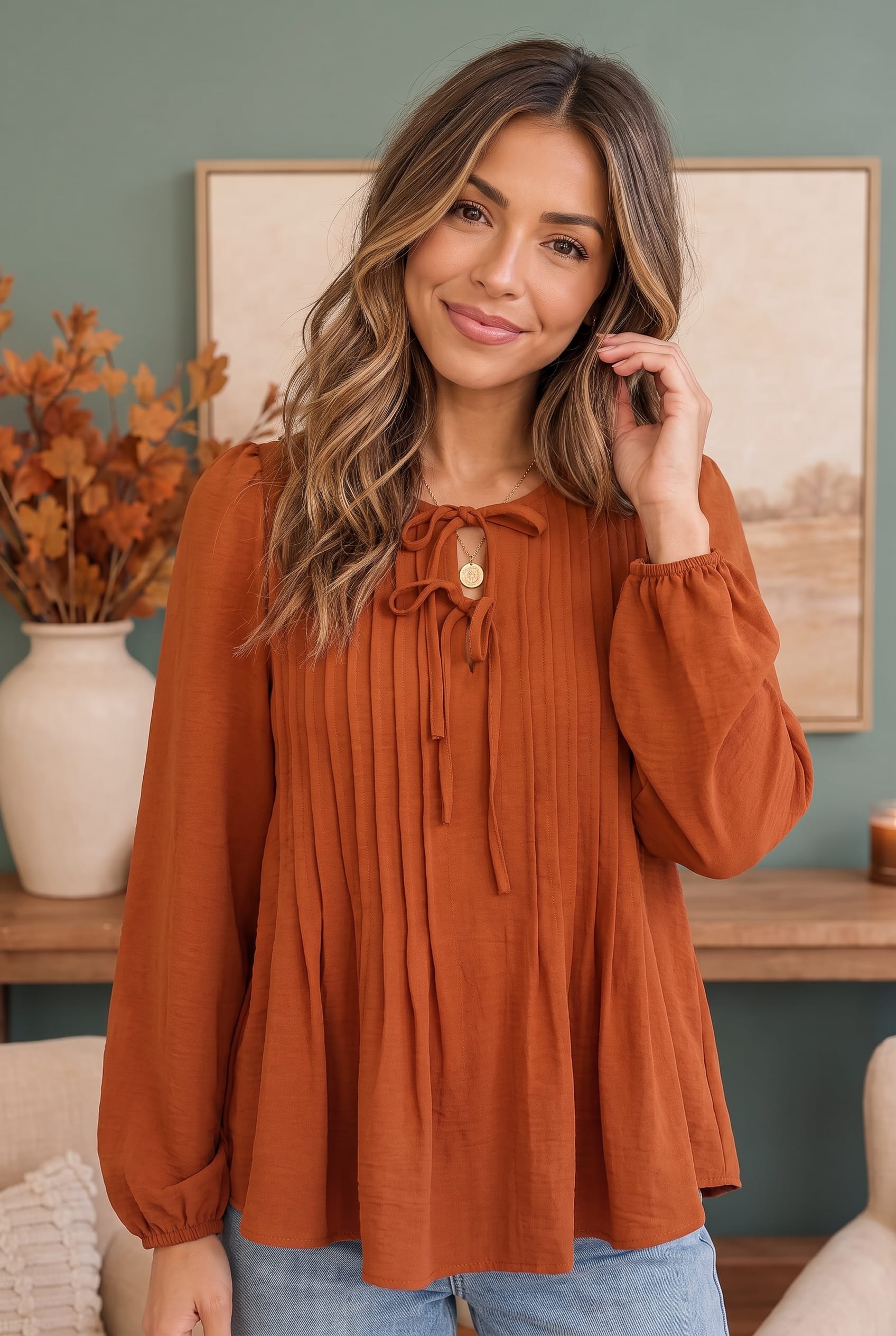 Haptics Sipping Apple Cider Tie Neck Blouse