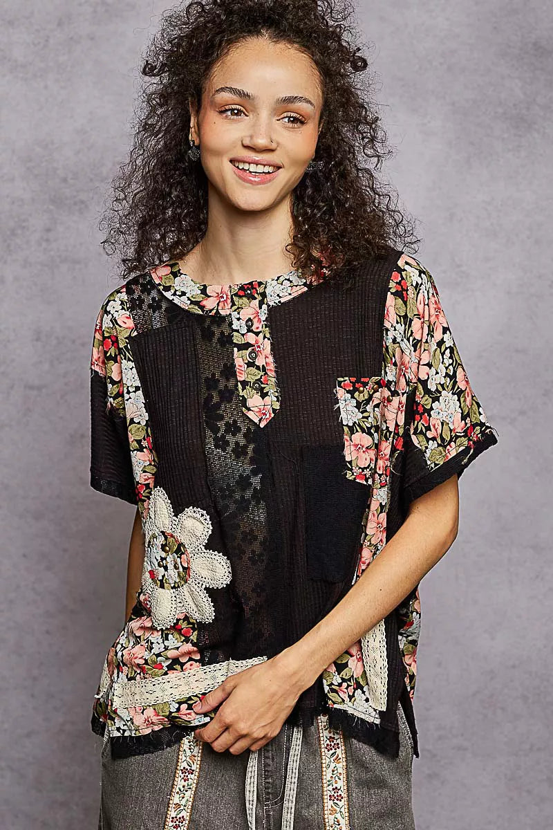 POL Black Lace Round Neck Short Sleeve Floral Pattern Top with Patch Detail