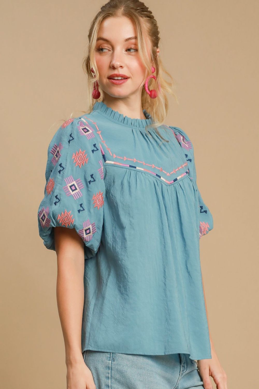 Umgee Teal Embroidered Puff Sleeve Mock Neck Top