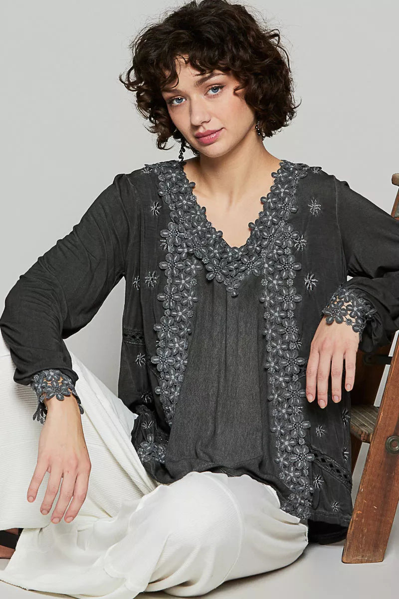 POL Floral Embroidery Woven Top with Lace Trim