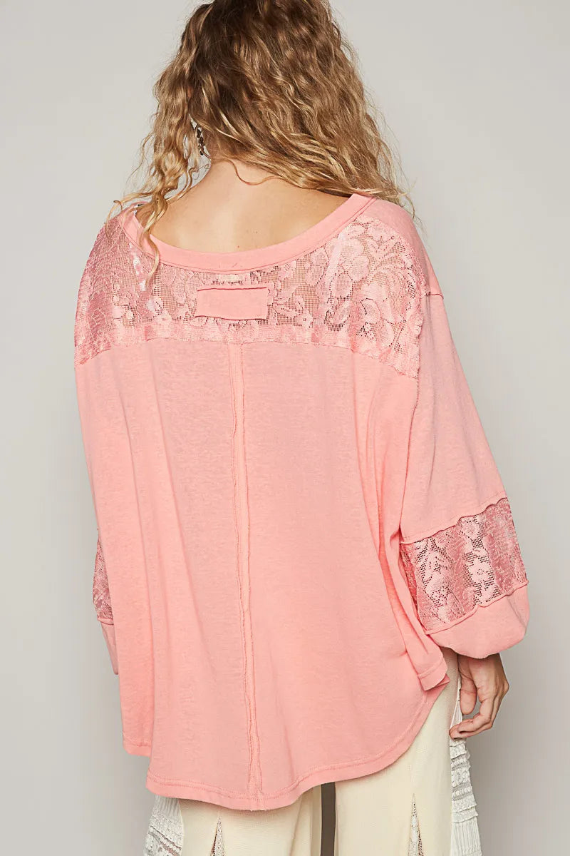 POL V-Neck Long Sleeve T-Shirt with Lace Detail