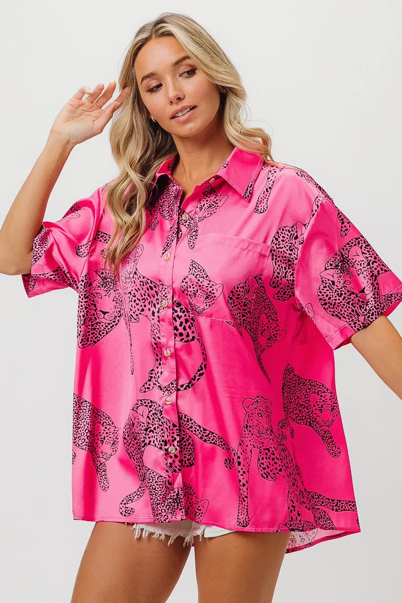 BiBi Fuchsia Leopard Print Short Sleeve Silky Satin Shirt Blouse
