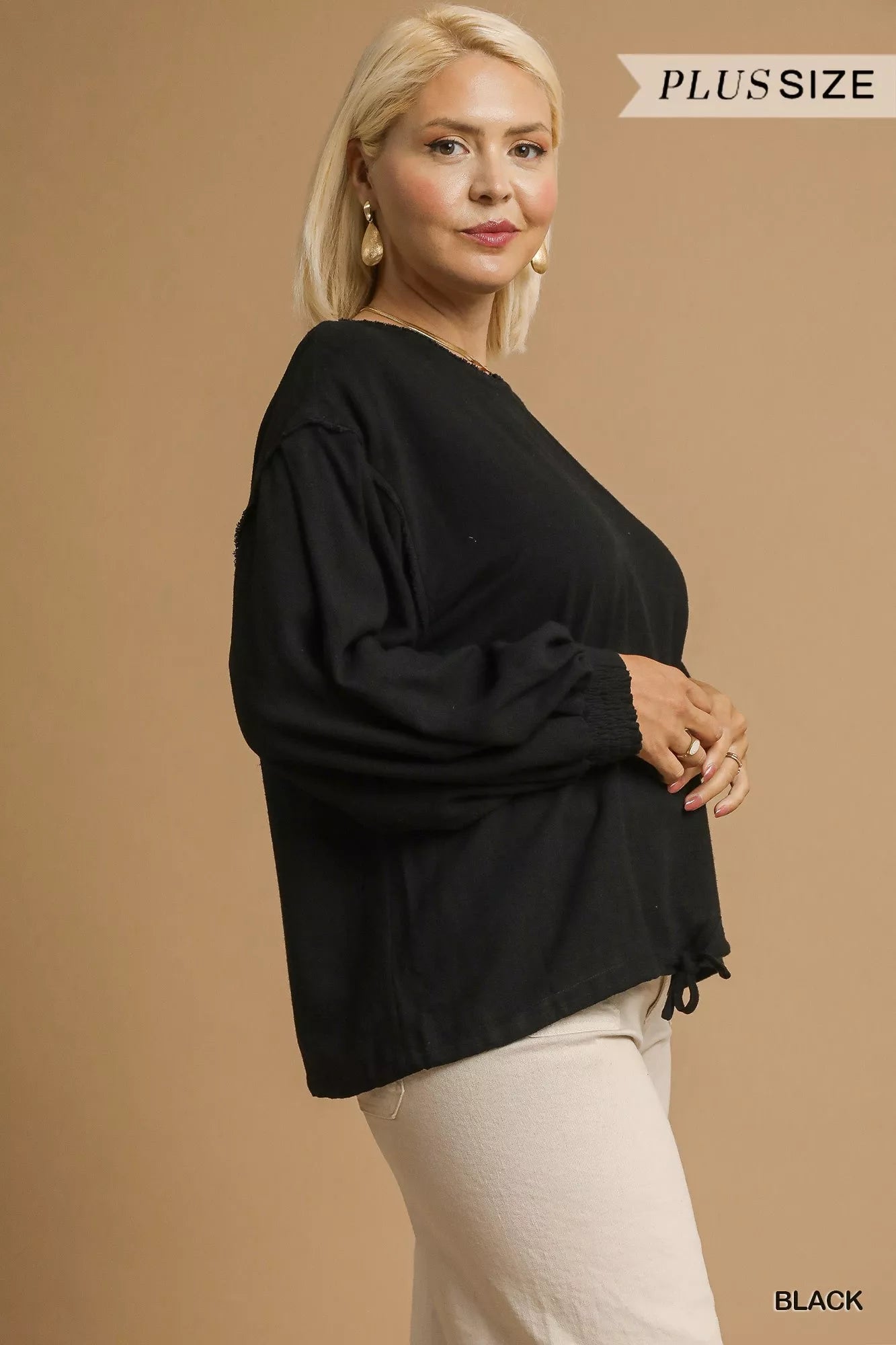 Umgee Black Linen Long Sleeve Top with Drawstring