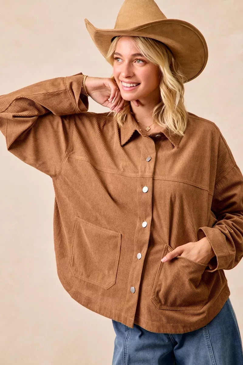 BiBi Camel Corduroy Relaxed Fit Shacket with Back Pleat