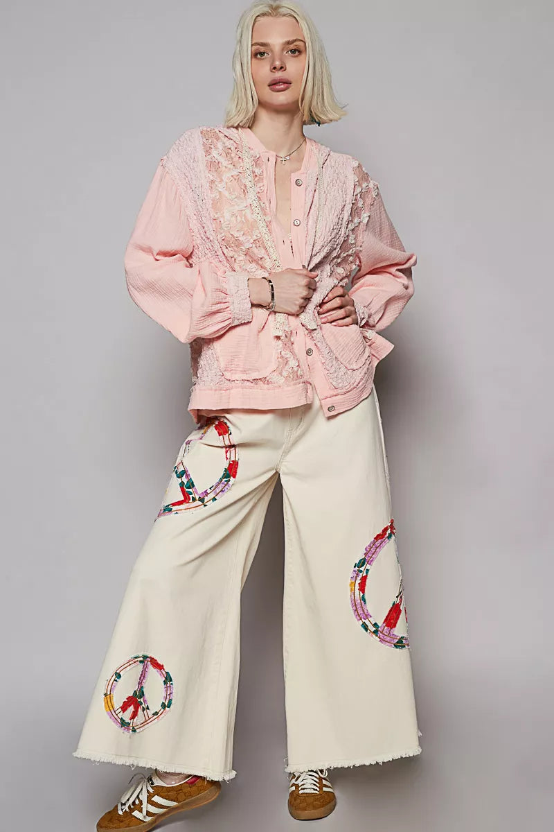 POL Powder Pink Exposed Seam Button Down Hooded Jacket with Lace Detail