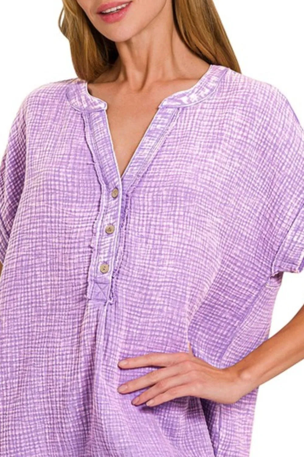 Zenana Lavender Washed Double Gauze 3/4 Button Henley Neck Shirt