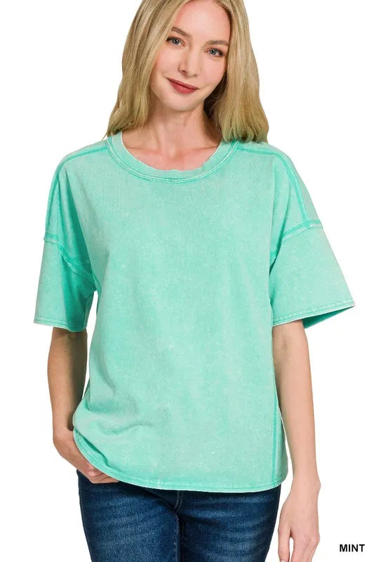 Zenana Mint Acid Washed Short Sleeve Tee & Shorts Set