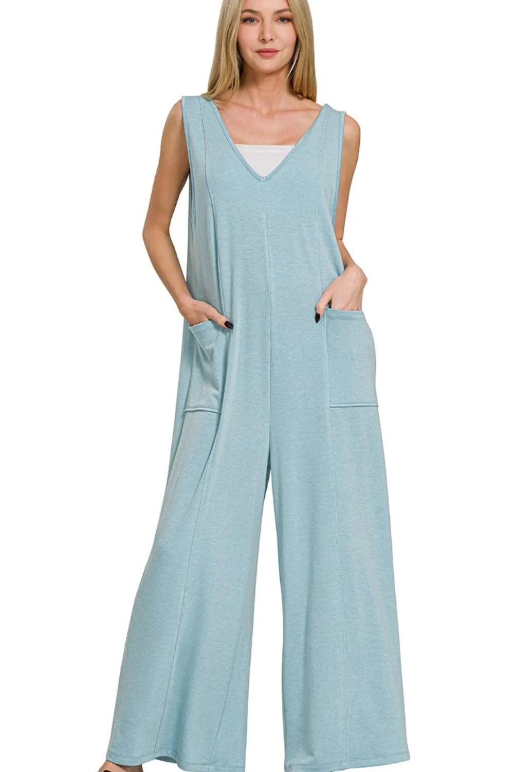 Zenana Dusty Teal French Terry Deep V Neck Jumpsuits DUSTY TEAL