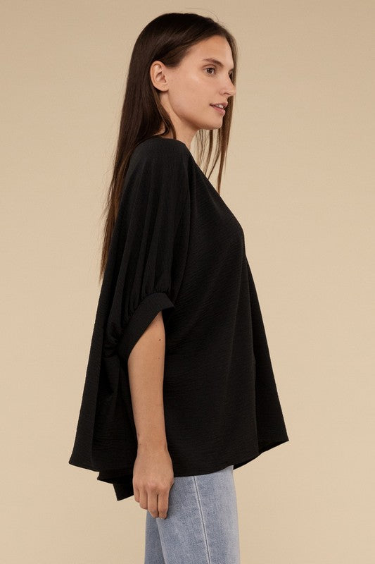 Zenana Black Woven Airflow V-neck Puff Half Sleeve Top