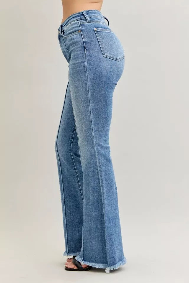 Judy Blue Medium Washed High Waist Flare Fray Hem Jeans with Front Pintuck Detail