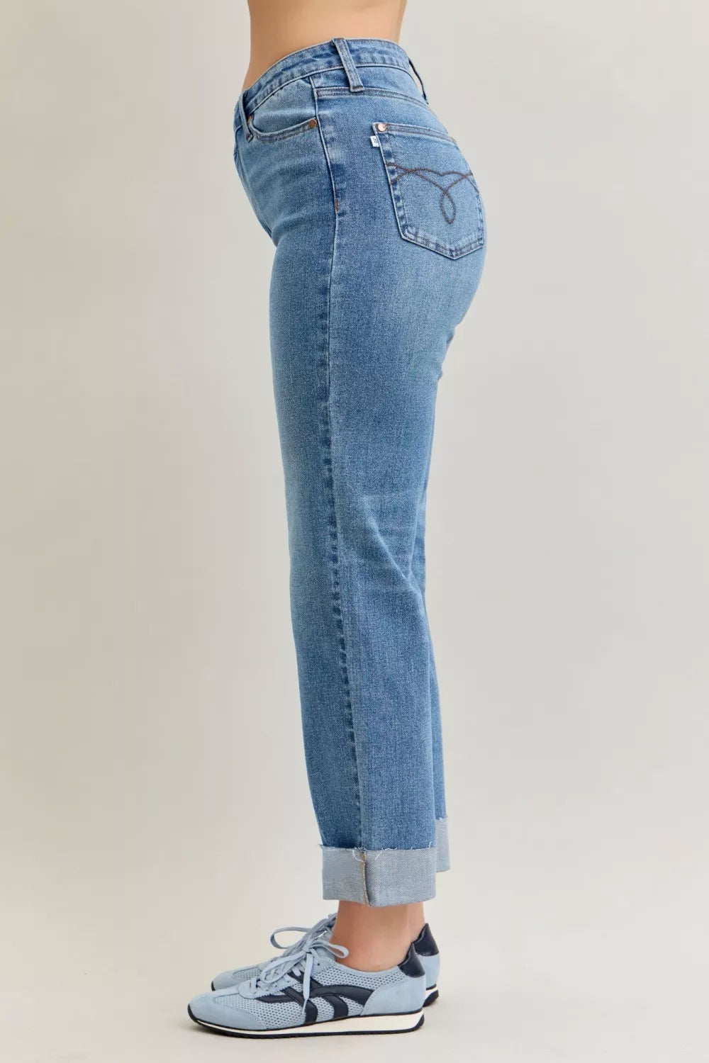 Judy Blue High Waist Boyfriend Fit Criss-cross Mild Destroy Jeans with Single Cuff