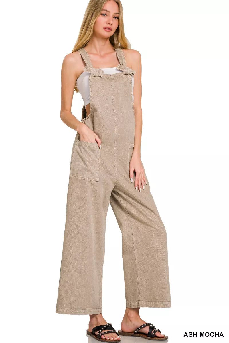 Zenana Ash Mocha Washed Knot Strap Pockets Jumpsuit