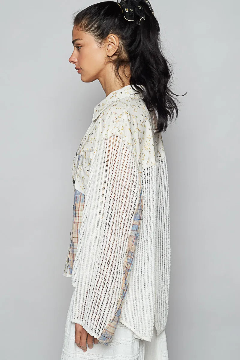 POL Ivory Floral Slit Back Plaid Patchwork Shirt